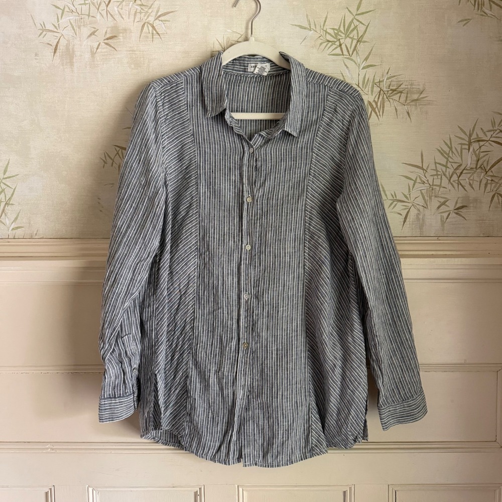 Artisan NY Womens Blue White Striped 100% Linen Button Down Shirt Size Medium
